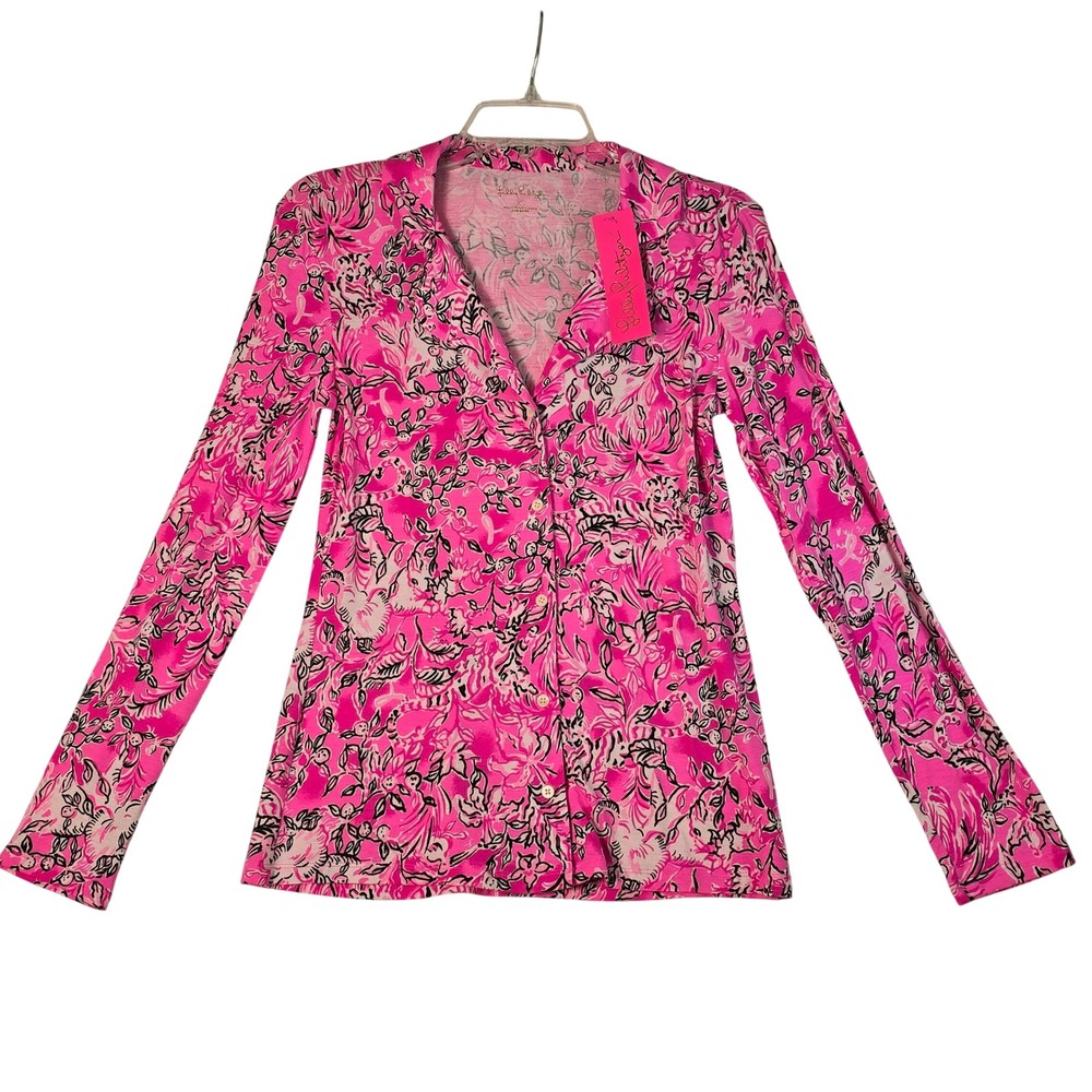 Lilly Pulitzer Womens XS Pink Floral Button Down Long Sleeve Knit Top NWT